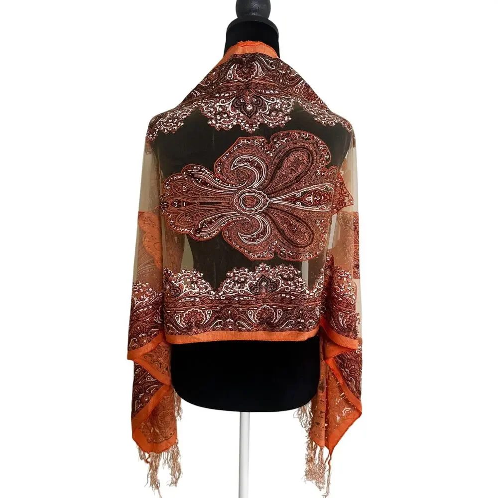 Womens Burnout Scarf Orange Brown Paisley Tassel Fringe Wrap Shawl Boho Festival